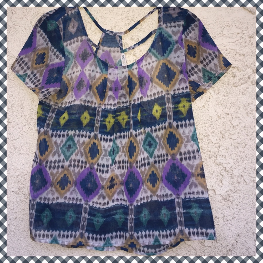 Nine Bird womens small sheer short sleeve geometric blue and purple blouse top